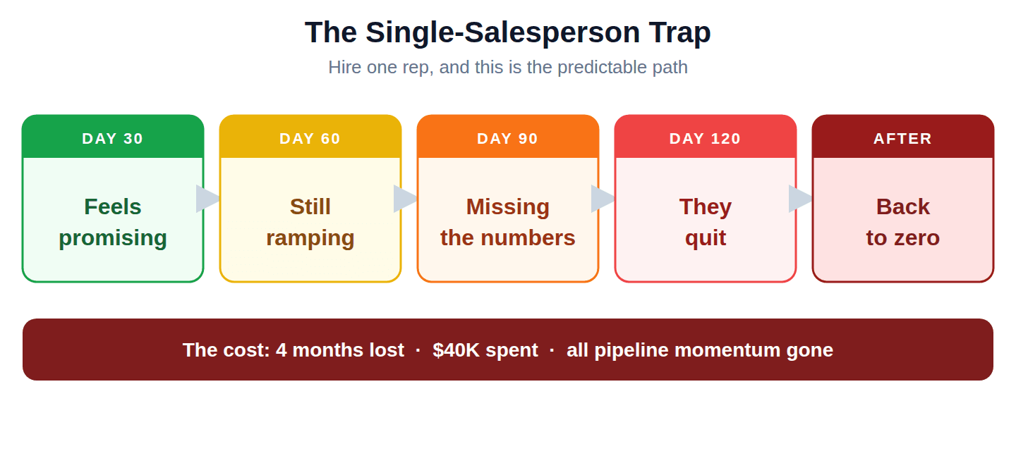 The single-salesperson trap: a promising Day 30 decays to still ramping at Day 60, missing the numbers at Day 90, the rep quitting at Day 120, and the pipeline resetting to zero — costing four months, $40K, and all pipeline momentum.